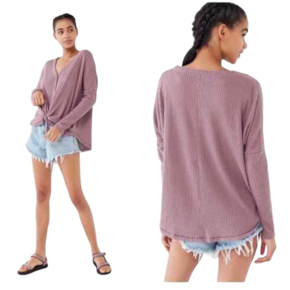 URBAN OUTFITTERS Out From Under JoJo Waffle Knit Thermal Top W Tie Front Pink S - Picture 1 of 11